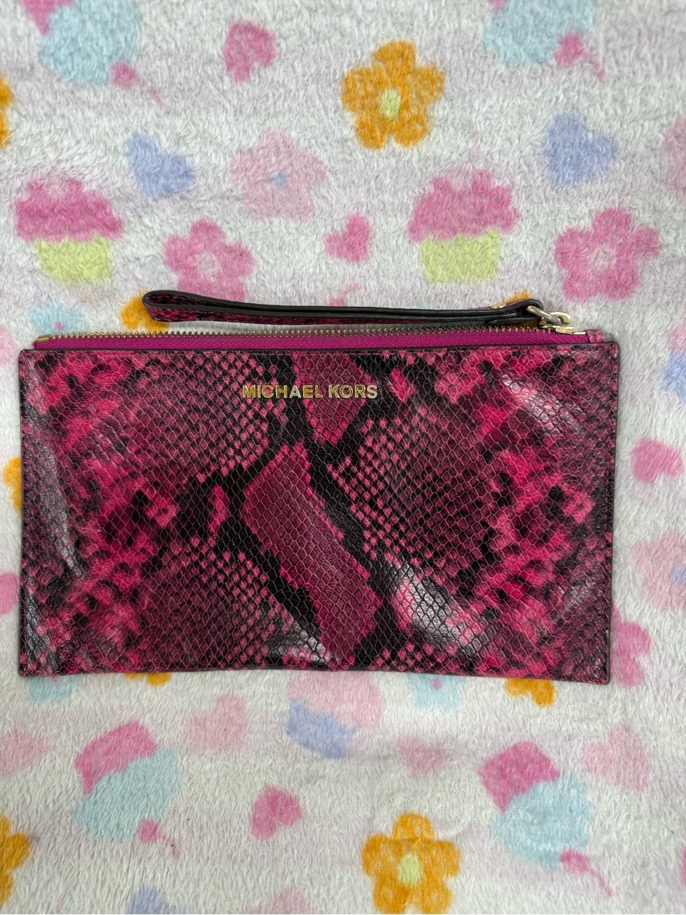 Michael Kors Hot Pink Snake-Print Wristlet Clutch with Gold Logo